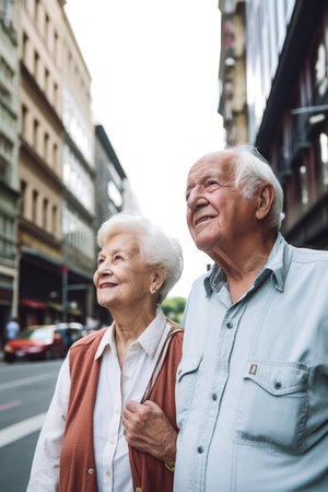 portrait of a senior couple exploring the city together, created with generative aiの素材