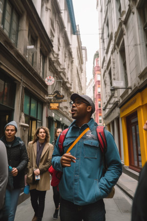 shot of a tour guide on his walking tour of the city, created with generative aiの素材