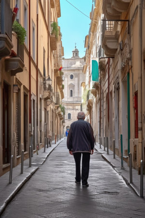 rear view of a senior walking through the historic streets of rome, created with generative aiの素材