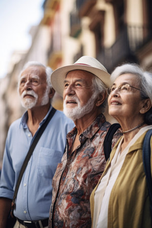 portrait of a senior couple touring the city with a female tour guide, created with generative aiの素材