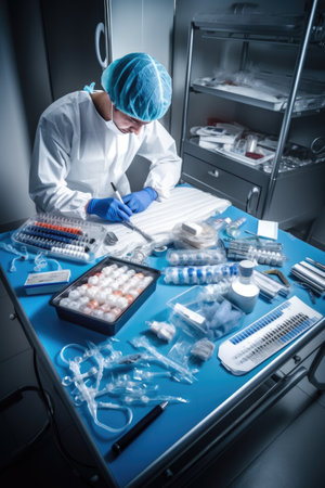 drug, medicine and doctor with medical tools for research or scans in a hospital, created with generative aiの素材