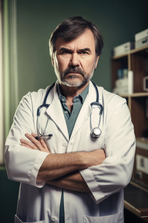portrait of a mature doctor standing in his office with arms crossed, created with generative aiの素材