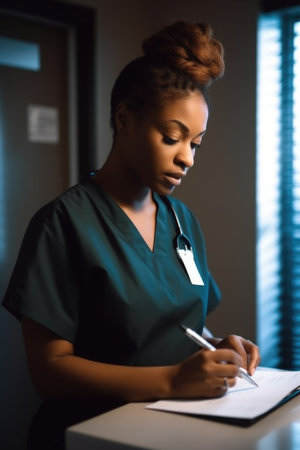 black woman, hands or doctor medical practitioner writing patient data in hospital, created with generative aiの素材