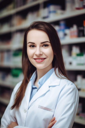 pharmacy, portrait and woman with smile in store for medicine, retail or pharmacy products, created with generative aiの素材