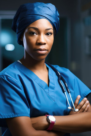 healthcare, medical and portrait of a black woman surgeon with tools for safety at hospital, created with generative aiの素材