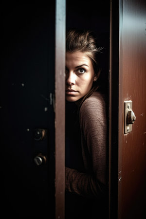 shot of a young woman at an anonymous safe house, created with generative aiの素材