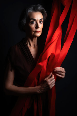 shot of a woman holding up red tape, created with generative aiの素材