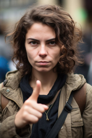 portrait of a woman showing her middle finger in protest, created with generative aiの素材