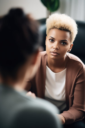 shot of a young woman receiving help and support from her counselor, created with generative aiの素材