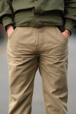 closeup shot of an unrecognisable person standing with their hands in their pockets, created with generative aiの素材