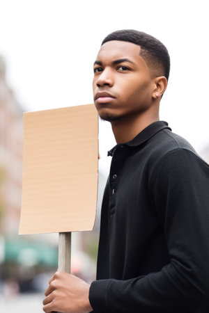 shot of a young man looking thoughtful while holding up a sign, created with generative aiの素材