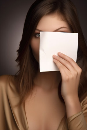 a confident fashion model holding up a blank card in front of her face, created with generative aiの素材