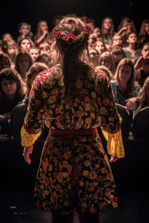 shot from behind of a performer leading a troupe, created with generative aiの素材