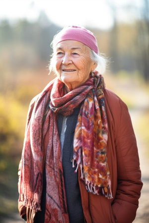 portrait of a happy senior woman in the outdoors, created with generative aiの素材