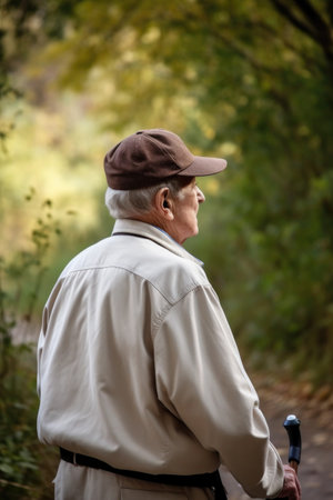 rearview shot of a senior man out on a nature walk, created with generative aiの素材
