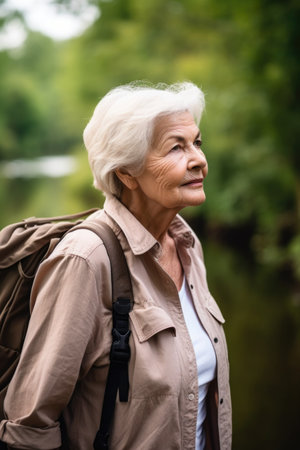 shot of a senior woman looking thoughtful while going for nature walk, created with generative aiの素材