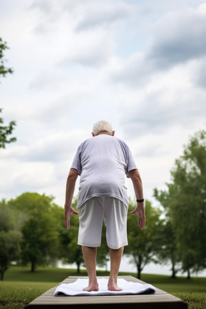 rearview shot of a senior man doing yoga outdoors, created with generative aiの素材