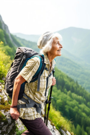 portrait of a confident senior woman hiking through the mountains on her own, created with generative aiの素材