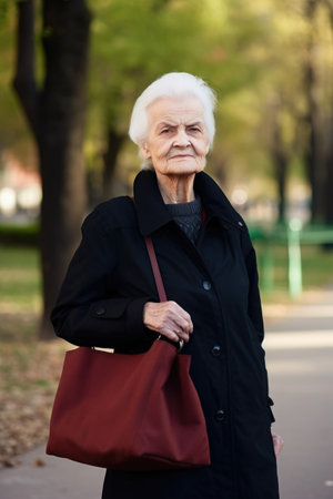 portrait of a senior woman holding a bag outside, created with generative aiの素材