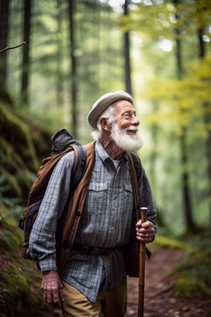 shot of a senior man enjoying a forest hike, created with generative aiの素材