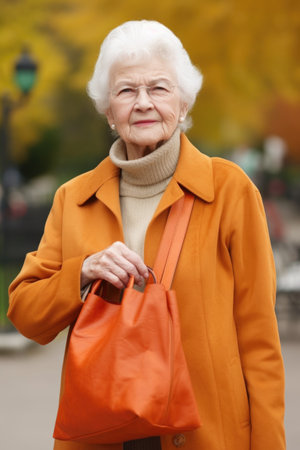 portrait of a senior woman holding a bag outside, created with generative aiの素材