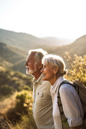 shot of a senior couple looking at the view while hiking through nature, created with generative aiの素材