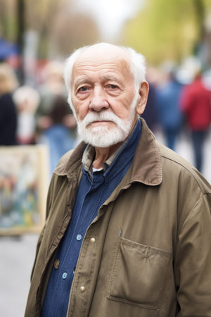 portrait of a confident senior man out in public with his art guide, created with generative aiの素材