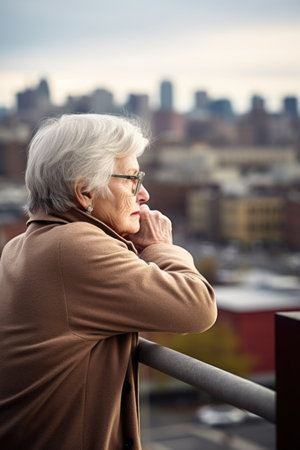 shot of a senior woman looking out at the city from her vantage point, created with generative aiの素材