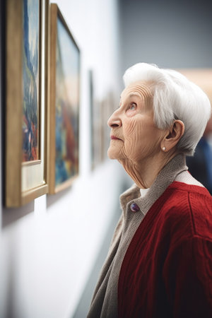 shot of a senior woman looking at art in a gallery, created with generative aiの素材