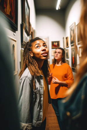 shot of a young tour guide leading her group through an art gallery, created with generative aiの素材