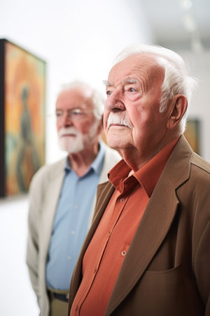 portrait of a senior man touring the local art gallery with his friend, created with generative aiの素材