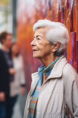 shot of a senior woman standing and admiring an artwork while on a public art tour, created with generative aiの素材