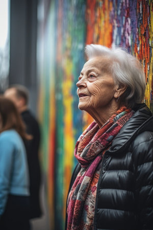 shot of a senior woman standing and admiring an artwork while on a public art tour, created with generative aiの素材