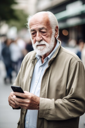 shot of a senior man using his cellphone in public, created with generative aiの素材