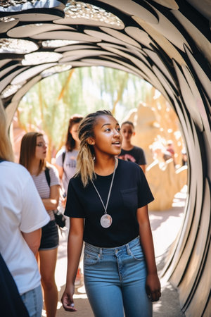 shot of a young tour guide leading her group through public art, created with generative aiの素材