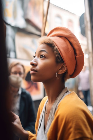 shot of a young woman working an art tour in the city, created with generative aiの素材