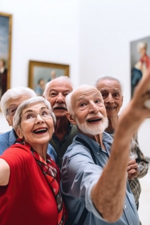 closeup shot of a group of seniors taking selfies while on a tour in an art museum, created with generative aiの素材