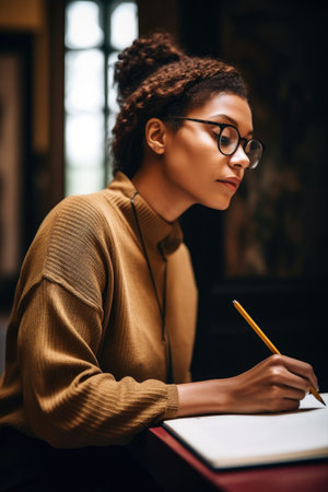 shot of a young woman writing notes while visiting an art museum, created with generative aiの素材