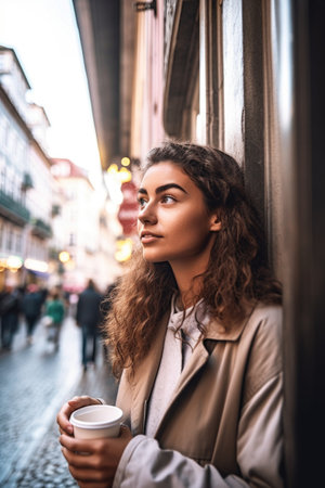 shot of a young woman enjoying a cup of coffee while exploring the city, created with generative aiの素材