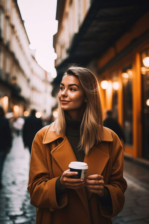 shot of a young woman enjoying a cup of coffee while exploring the city, created with generative aiの素材