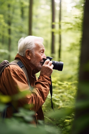 shot of a senior man taking photographs while on a day out in the forest, created with generative aiの素材