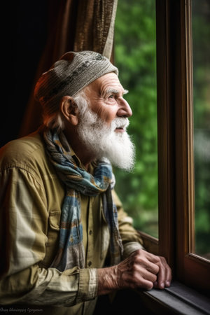 shot of a senior man standing by the window while taking a wildlife tour, created with generative aiの素材