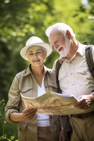 portrait of an elderly couple looking at a map on a wildlife tour, created with generative aiの素材