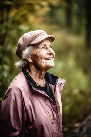 portrait of a senior woman out for a nature walk in the outdoors, created with generative aiの素材
