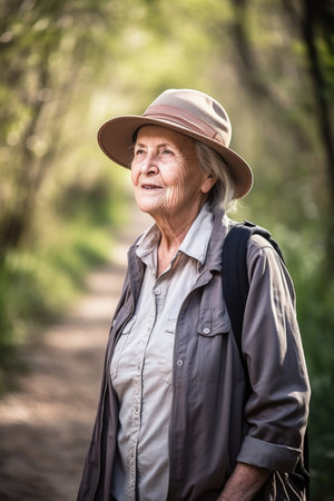 portrait of a senior woman out for a nature walk in the outdoors, created with generative aiの素材