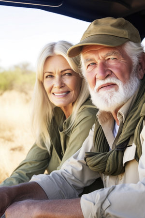 shot of a senior couple looking at the camera while on a game drive through the bush in africa, created with generative aiの素材