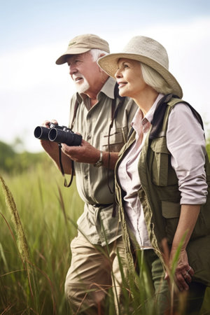 shot of a senior couple on a wildlife tour, created with generative aiの素材