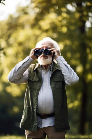 shot of a senior man holding binoculars and standing outdoors, created with generative aiの素材