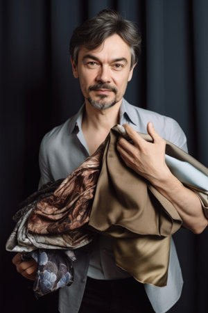 high angle shot of a fashion designer holding fabric in his hands, created with generative aiの素材
