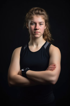 portrait of a sporty young woman standing with her arms folded in the studio, created with generative aiの素材